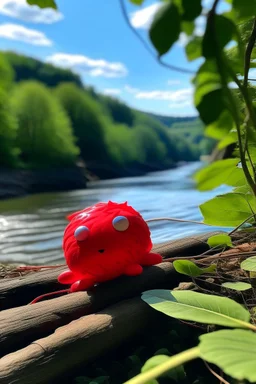 caperucita roja asomándose al río, desde la perspectiva de abajo del agua