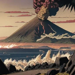 Comic panel. Montevideo. Japanese volcano at background.