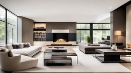 A contemporary living room with a sleek, sectional sofa and a modern coffee table. The room has a single fireplace integrated into a media wall, a neutral-colored area rug, and minimalist bookshelves with carefully arranged books and decor. Large windows with blinds let in natural light, and there are a few abstract art pieces on the walls. Beautiful award-winning photograph, 30mm focal length, adjust perspective, rule of thirds, balanced delightful composition, perfect light, chiaroscuro