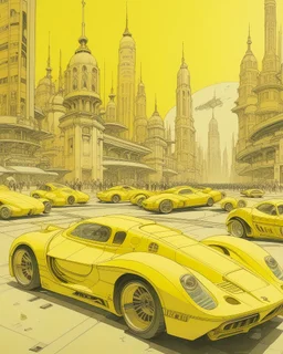 A pale yellow metropolis with speedy racecars painted by Zosan