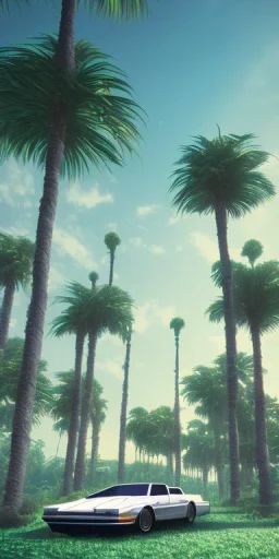 1980's aesthetic vaporwave palm trees with spheres and car