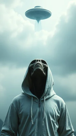 The creature from the the movie Prometheus with white hooded clothes looking up at ufo in the sky front view