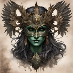 create a full color ink wash and watercolor illustration of a richly patinaed bronze female druid ceremonial mask representing Morrigan, utilizing historic Celtic decorative motifs, intricately detailed and sharply defined in the style of Arthur Rackham