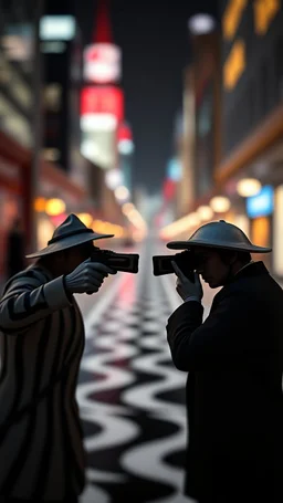 spy vs spy in the style of Escher and Dali, bokeh like f/0.8, tilt-shift lens 8k, high detail, smooth render, down-light, unreal engine, prize winning