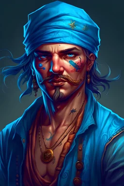 A blue-skinned, rugged pirate wearing a bandana on his head, digital art, fantasy