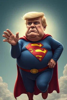 a thoroughly confused, frail, elderly and obese donald trump dressed as cartoon superman and flying