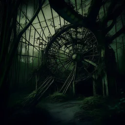 structures rotted down to struts and beams, abandoned small amusement park overgrown with moss and shrubbery, Feris wheel, section of roller coaster track, midnight elegies, sinister, macabre decay, dystopian, moody, dramatic lighting, concept art, sfumato, dynamic composition, by William Stout