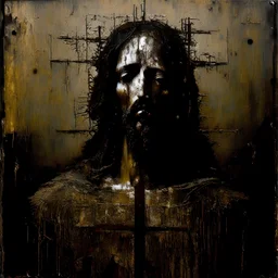 The gospel according to Judas Iscariot, an oil painting by Amir Zand, Nicola Samori, Richard M. Powers, Max Ernst, Olafur Eliasson, Matthias Grünewald, surreal, intricately detailed, vintage photograph "By Russell Mills, Hermann Nitsch, decay, caustic metal and wood, acid burn, abstract, textured, scratched, rust, found objects, Robert Rauschenberg, Severine Pineaux, Otto Dix, Arnulf Rainer, surreal hallucinatory