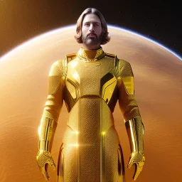 beautiful cosmic golden male, long hair, nice smiling, delicate colors, beautiful glamour galactic golden dress, ultra sharp focus, 8k, unreal engine 5, extremely sharp detail, light effect, soft light atmosphere of a spaceship, smooth, full of details, face in front, complete vision of face and body