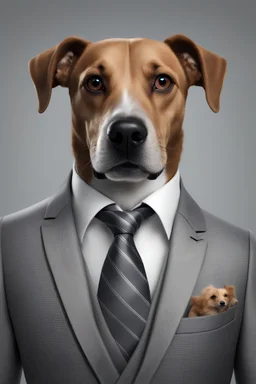 Anthropomorphic dog in a grey suit and hyper-realistic 8K tie