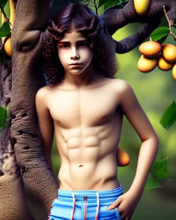 beautiful 12 year old arabic boy with long, curly hair and light blue eyes,shirtless, in front of a distant mango tree