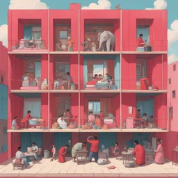 A vertical cross section of a multi-story building showing various rooms and inhabitants, including a person in a red shirt reading at a desk, another person dressed in pink washing clothes, and an elephant in a room with a red wall, with a sky sunny outside