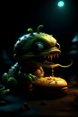 A alien cheeseburger creature eating itself, claymation, cinematic, moody lighting