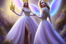 beautiful, very soft, smiling, very straight and long blonde hair, dewy and shiny vibe, diamond crown, long fairy wings in the back, full head, golden veil clothes, smiling, bachground lights pink and blue