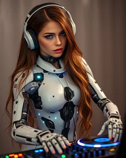 Realistic Photography Beautiful woman super model brown long hair science fiction style humanoid half with full body cyborg robotic mechanicals and cybernetics lights wearing headphones,she on playing Dj Player pose