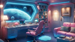 starship cozy captain's office with some blue lights and a desk with a pink chair and a comfortable couch and bookshelves