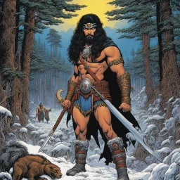 [art by George Perez] THE DEATH DEALER: tribeless barbarian in a large forest that, after the end of the Ice Age, will one day become the Mediterranean sea. When the Mongol-esque Kitzaak Horde invade the forest, various parties try to recruit Gath's aid to defend against them. One of them, the beautiful sorceress Cobra, gives Gath a helmet possessed by the god of death. The helmet gives him godlike power but at the same time tries to break Gath to its will. With the help of the worldly travellin