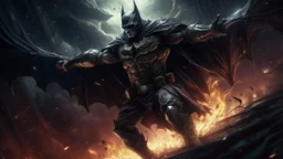 Demonic Batman with dark aura around, agressively spinning around in circle with his claws creating blasts of wind and an aura explosion, torned clothes flying in circle, wearing cybernetics enhancements, occult symbol under him on the ground, epic dynamic composition, dark cityscapes background, Artstation, HDR, colorful shot, intricate details, cinematic, detailed, stormy weather, detailed art deco ornamentation, flying debris, Carnage Style, red, intensity