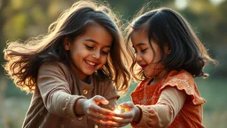 Nikon D850 with Nikkor 24-70mm f/2.8 lens at f/2.8: [Beautiful friendly telepathic young boys and girls playing together with finesse, devotion, and serendipity as best friends], [soft natural volumetric cinematic light catches their movements with chiaroscuro effects], creating [a sense of magic and fantasy]. High-angle perspective, focus on close foreground detail, exquisite composition with beautiful intricate details, 16k artistic photography style, photorealistic concept art