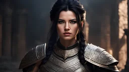 female ancient warrior, black hair, contrast, epic lighting, hyper realistic, intricate details, well lit,