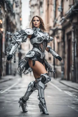 Photography beautiful woman as cyborg dancer wearing dress full mechanical,dancing on street