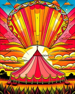 Design a coloring image featuring a vibrant circus tent set against a beautiful sunset backdrop.