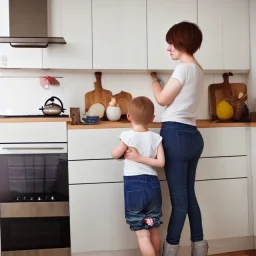 Realistic photo Russian shorthair beautiful tomboy boyish boylike young mother in future wide hips in kitchen