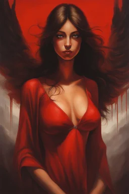 Portrait of a woman, perfect face, perfect copper eyes, dark hair, glamorous, gorgeous, delicate, romantic, red two-piece bathing suit, realistic, romanticism, red tones, Boris Vallejo- Pitch black Background - dark, wood panel wall in the background