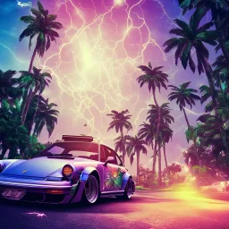 1980's aesthetic vaporwave palm trees and spheres and Porsche with lightning on fish eye filter