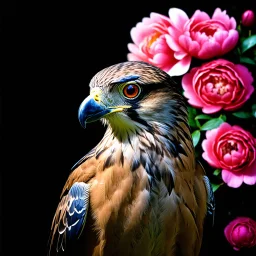 Adobe Prompt: a head study of a bird of prey, side view, surrounded by beautiful peonies, beautiful light, romantic setting, sharp look, shiny feathers, glamour glow, small depth of field. Black background.