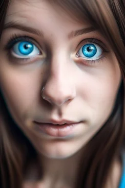 a beautiful young women with a huge nose. blue eyes and brown hair