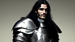 A dashing knight in steel plate armour, long black hair, pretty face, dignified