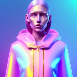 read head woman teenager, few freckles, gold teeth, padded coat, purpurin, retro futuristic, latex dress, gradient color, BLUE, PINK, CYAN, neon, insanely detailed, 16k resolution, perfect eyes, cinematic smooth, intricate detail