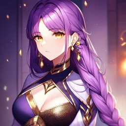 girl, masterpiece, best quality, cinematic lighting, detailed outfit, perfect eyes, purple hair, vibrant golden eyes, braided bangs, earrings,