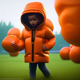 3d render, Willem dafoe toddler, full body, orange puffer jacket, dramatic lighting, volumetric lighting, concert background, hyper realistic, unreal engine 5, 8k, UHD,