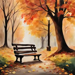 Masterpiece, best quality, watercolor painting style, beautiful painting, fabriano cardboard, Bob Ross style painting of bench in autumn park, painted by Bob Ross, detailed watercolor painting, bench in the park, autumn, falling autumn leaves, autumn trees, high detailed, high quality, 4k