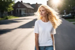 outside of a mundane American town, she is standing on the edge of the sidewalk, looking at the road, a young blonde with an air of intrigue. The sunlight dances upon her golden hair, casting a radiant halo around her delicate features. Your gaze is drawn to her attire—a pristine white t-shirt that clings to her slender form, paired with a short, flowing yellow satin skirt that sways gently with the breeze.