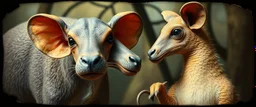 3d airbrush render,thylacine and dodo , pinhole cam, airbrush 3d rendering, in the style of Titian and Dali , torn edges on border