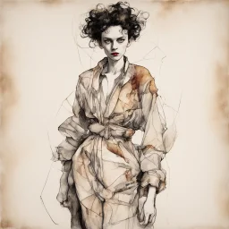 The perception of newness comes from a female figure with that undergoes a transformation after some specific action and adapts to a new space as if in the form of a garment, ink, EGON SCHIELE style, maximum detail, quality textures, bright lighting, high resolution