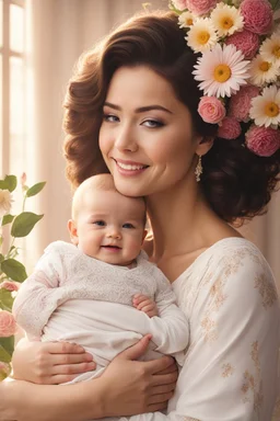 A mother and a beautiful baby with love and compassion, great quality picture show flowers in the background in a romantic scene . 8K, a happily motherhood