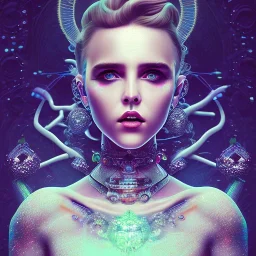 singer Danish MØ face, cyberpunk, crystals, darkblue tones,Dryad,bright,