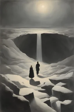 Peder Balke, Theodor Severin Kittelsen, Surreal, mysterious, bizarre, fantastical, fantasy, Sci-fi, Japanese anime, inventor in mythology, hollow earth theory, counterfeits, heresy, shadows, myths, alchemy, infinite labyrinth of knowledge, blonde miniskirt beautiful girl Alice, perfect voluminous body, detailed masterpiece