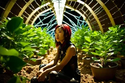 Unground solar punk tunnels, cinematic, extreme dof, dystopian, sci-fi, award-winning, Yui working hard in a garden, National Geographic, breath taking, oxygen farm but outside is a desert, fantasy, magical, geometry