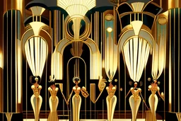 Inside an Art Deco Opera foyer, with mirrors and brass sconces, incandescent, gleaming, people in extravagant costumes by artist "Erte"