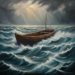 impressionistic matte oil painting, a small lifeboat in the middle of the Pacific ocean full of haggard survivors, stark dramatic picture, shark fins circling, dramatic, detailed, dynamic composition, moody