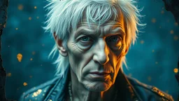 Old Punk 60 years old, portrait, white hair, blue background, gold and silver fragments and particles, glow, glare, old torn cracked canvas, mystical, fine rendering, high detail, sharp focus, 8K