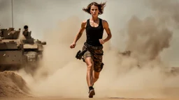 beautiful slender caucasian female technician, black tank top, knife-fighting a giant soldier, running, well toned muscles, weathered face, scratched sand camo metal details, short brunette wavy bob haircut, dystopian, desert scene with smoke and explosions,