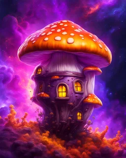 A lonely floating island mushroom house in space. purple orange yellow, deep space nebulas. Detailed gloss Painting, bright color, fantastical, intricate detail, splash screen, hyperdetailed, insane depth, concept art, 8k resolution, trending on Artstation, Unreal Engine 5, color depth, backlit, splash art, dramatic, High Quality Whimsical Fun Imaginative, good composition