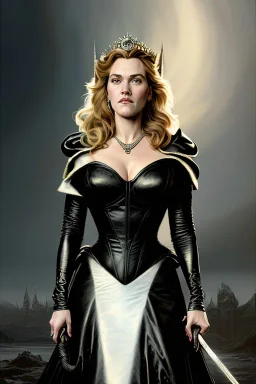 painting of kate winslet as evil queen in black leather gown, feminie, angry, stern look on her face, volouptous, busty, cleavage, emperious, mature, highly detailed, digital painting, artstation, concept art, smooth, sharp focus, illustration, art by gaston bussiere and alphonse mucha