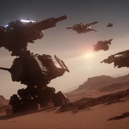 Armored Core machine robot fights another Armored Core fly in the sky in the desert with the ocean where you can see the space in the sky with the twilight on the horizon, 4k resolution